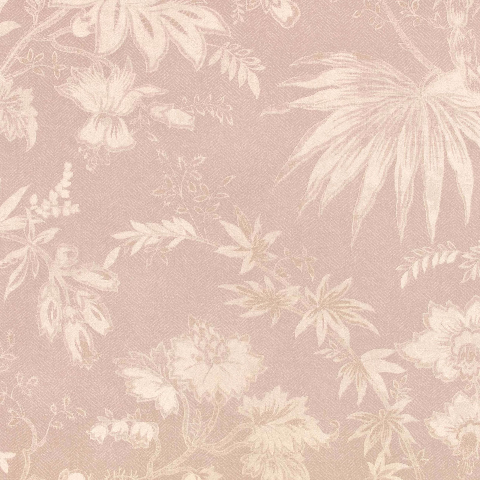 Dusty blush-pink wallcovering with oversized ivory flowers and fine botanical stems