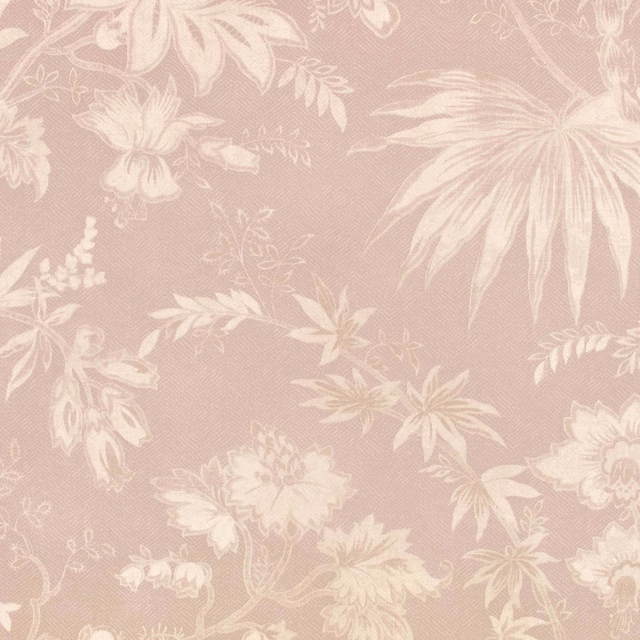 Dusty blush-pink wallcovering with oversized ivory flowers and fine botanical stems