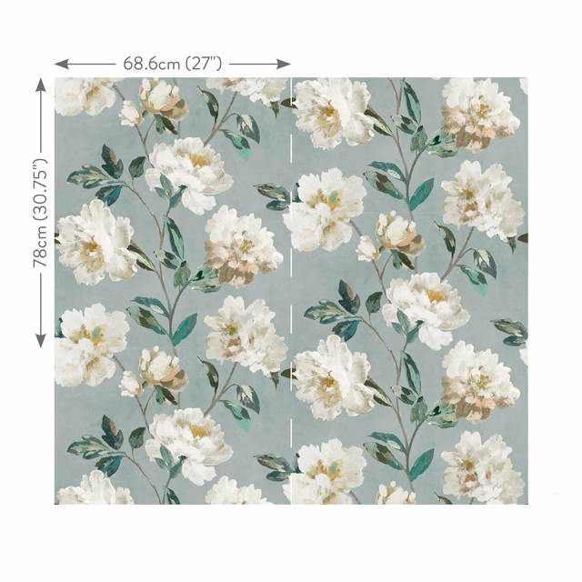 French blue wallcovering with ivory blossoms and leafy green stems