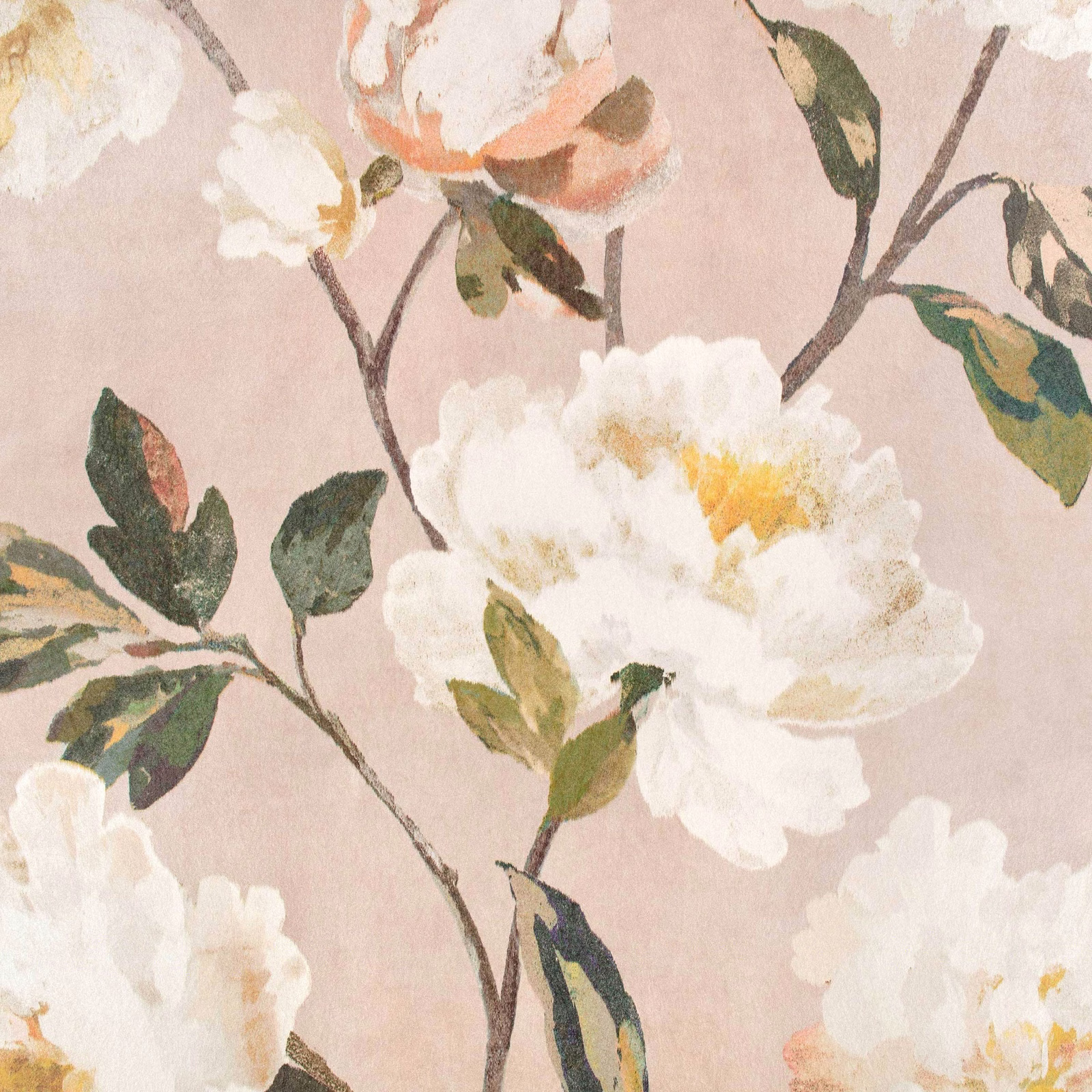 Rose pink wallpaper with large cream flowers, ochre centres and painterly green leaves