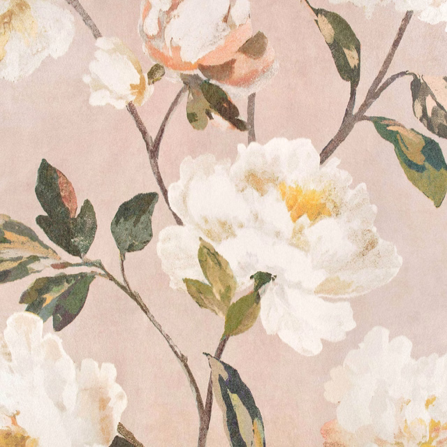 Rose pink wallpaper with large cream flowers, ochre centres and painterly green leaves