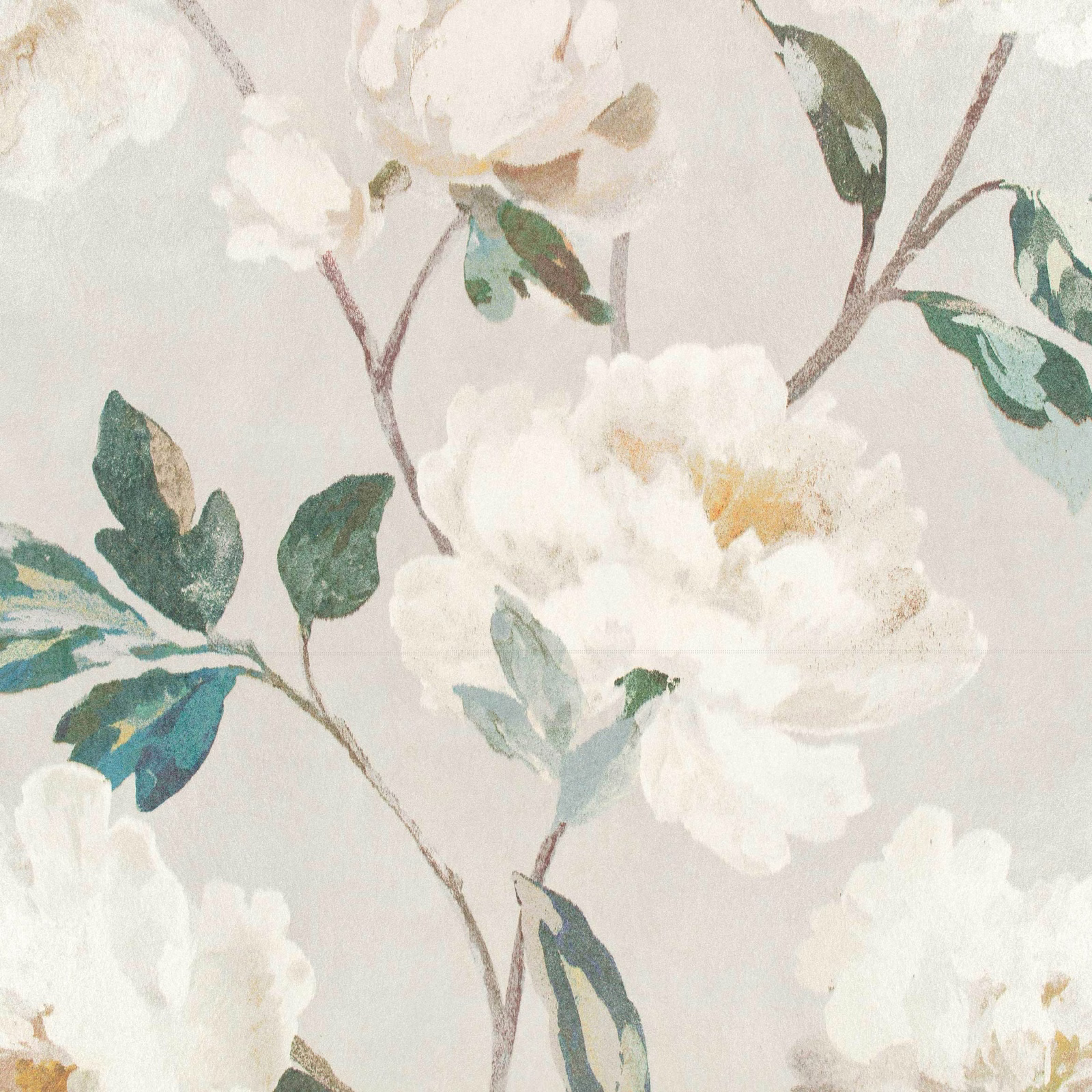 Silver-grey wallpaper with large white flowers, teal leaves and brown branching stems