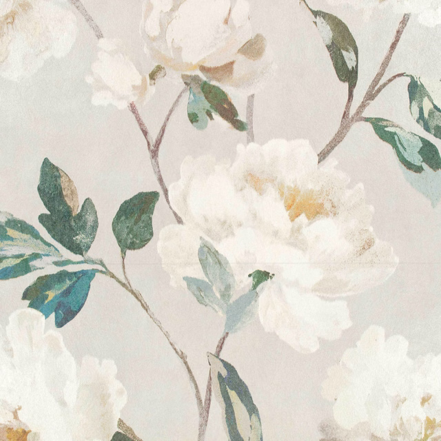 Silver-grey wallpaper with large white flowers, teal leaves and brown branching stems