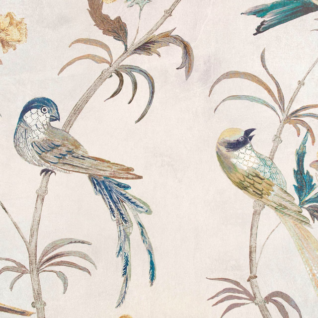 Pale grey-cream wallpaper with perched birds, branches and muted teal-blue plumage