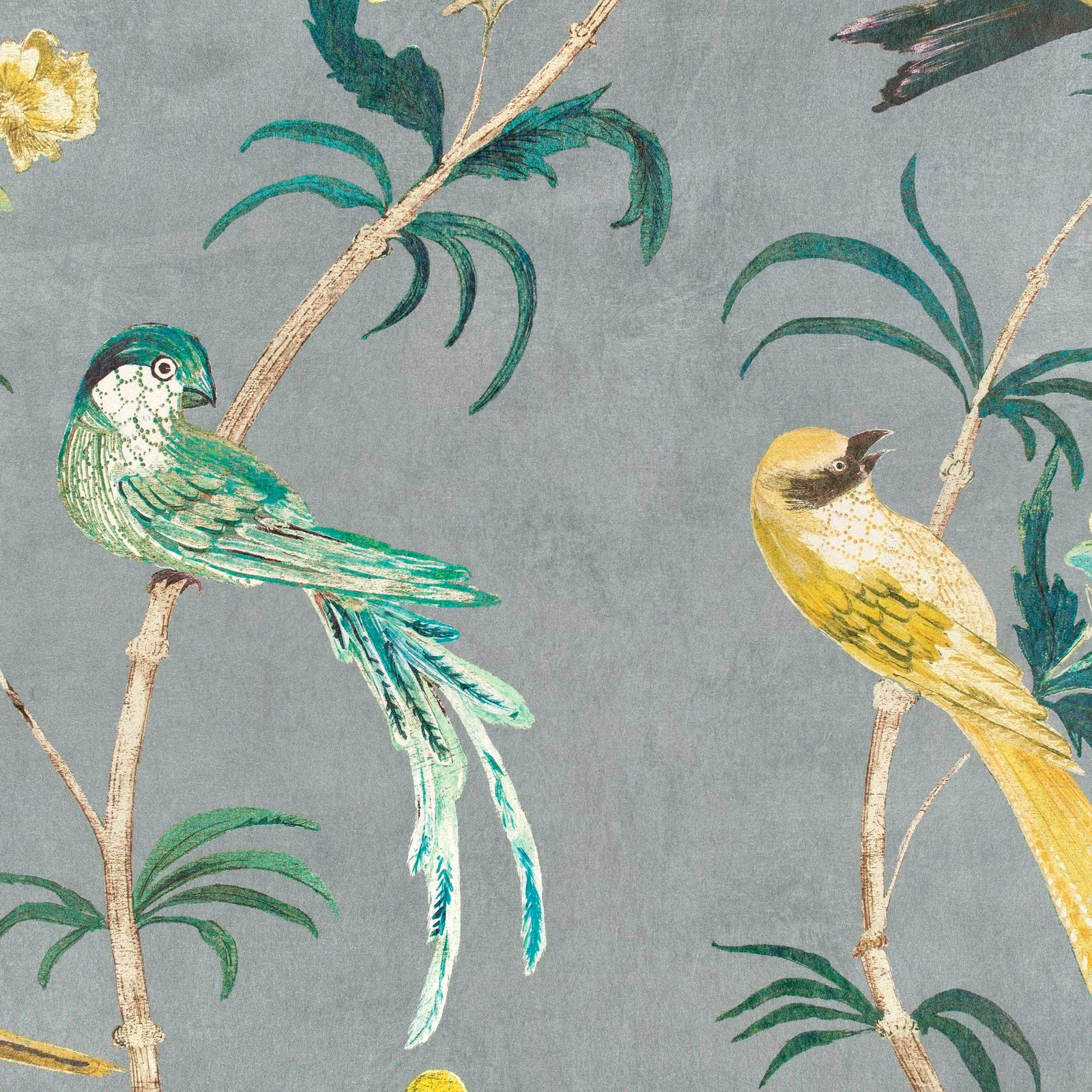 Muted grey-jade wallpaper with green and yellow birds on pale branches