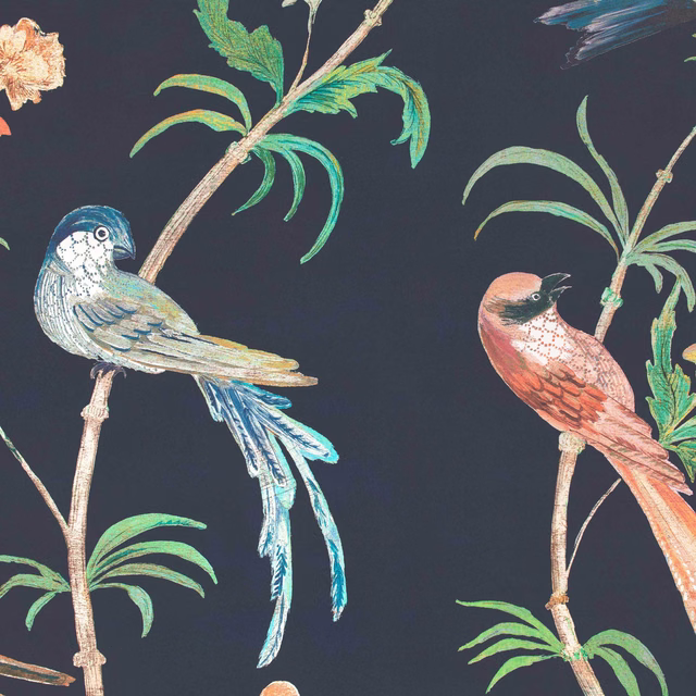 Twilight wallpaper with coral and blue-green birds on an ink-dark ground