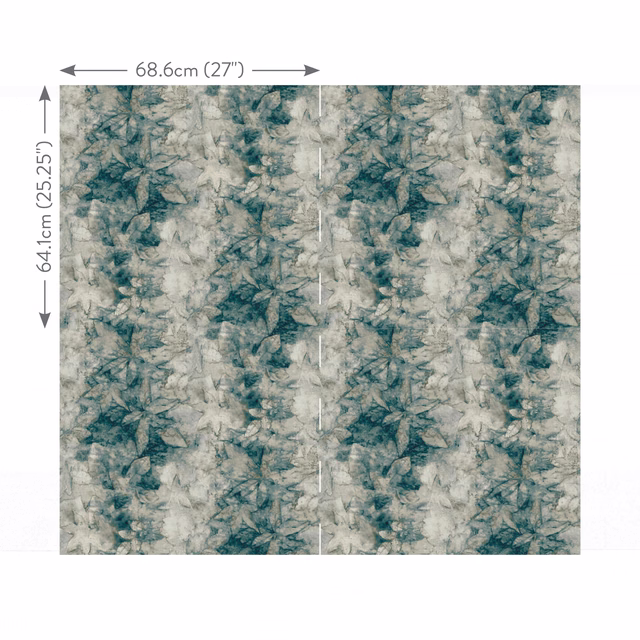 Muted teal and stone botanical wallpaper with softly mottled leafy forms