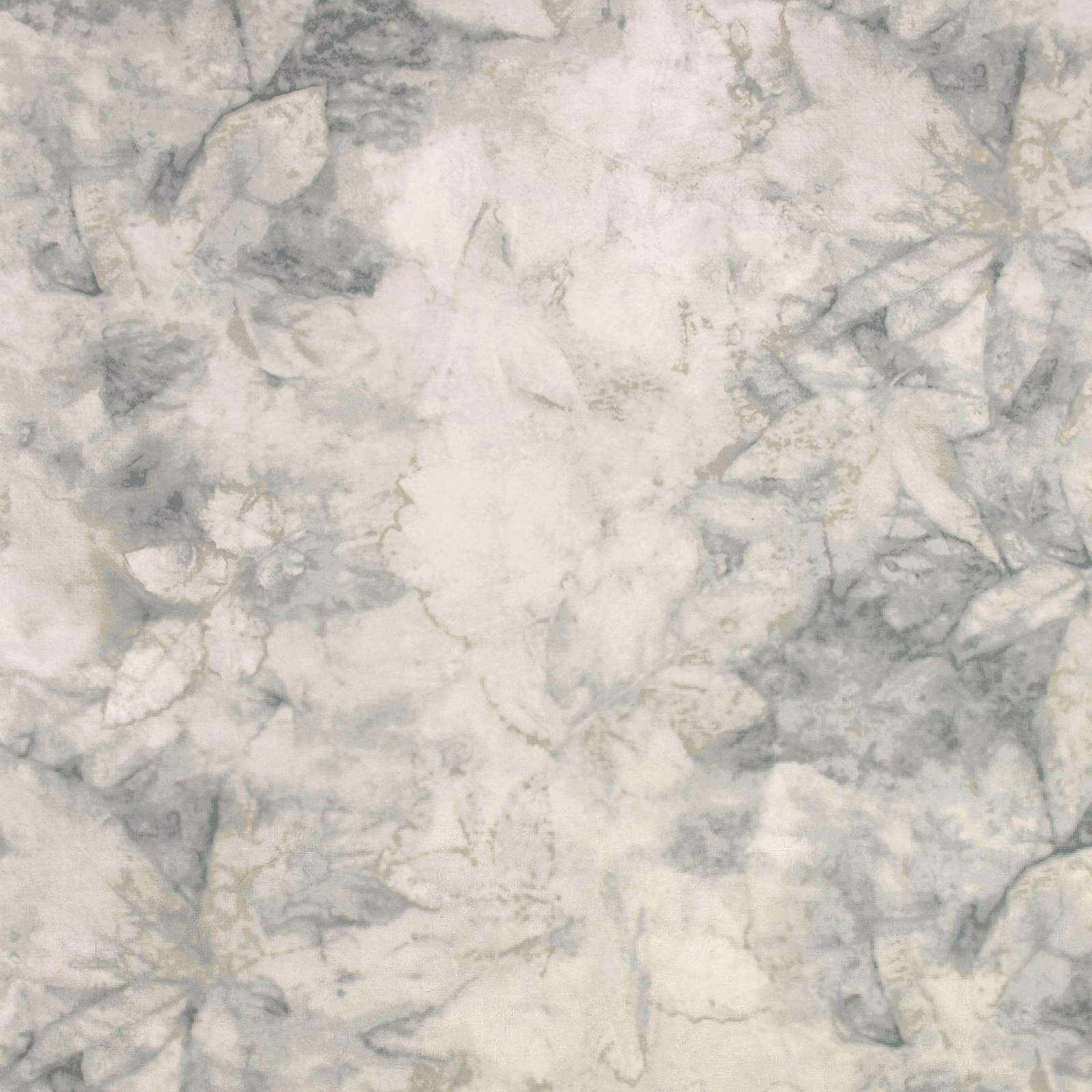 Pale sage-grey wallpaper with softly layered painterly leaves and botanical stems