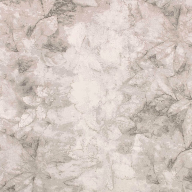 Pale silver-grey wallpaper with softly blurred botanical leaves and cloudy painterly markings