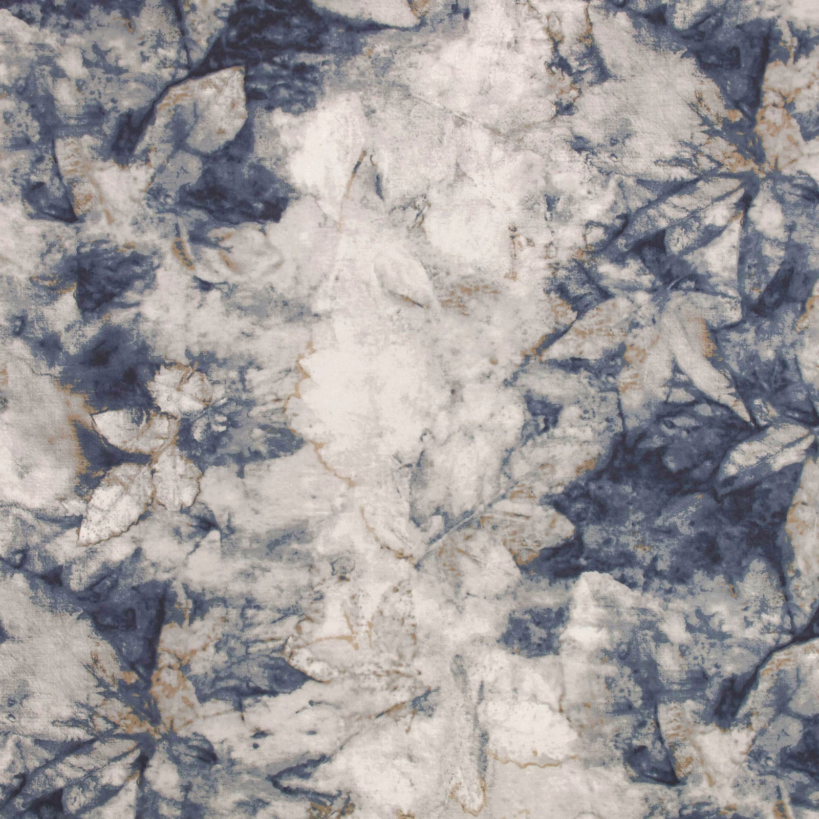 Painterly indigo botanical wallpaper with ivory flowers and blue-grey mottled texture