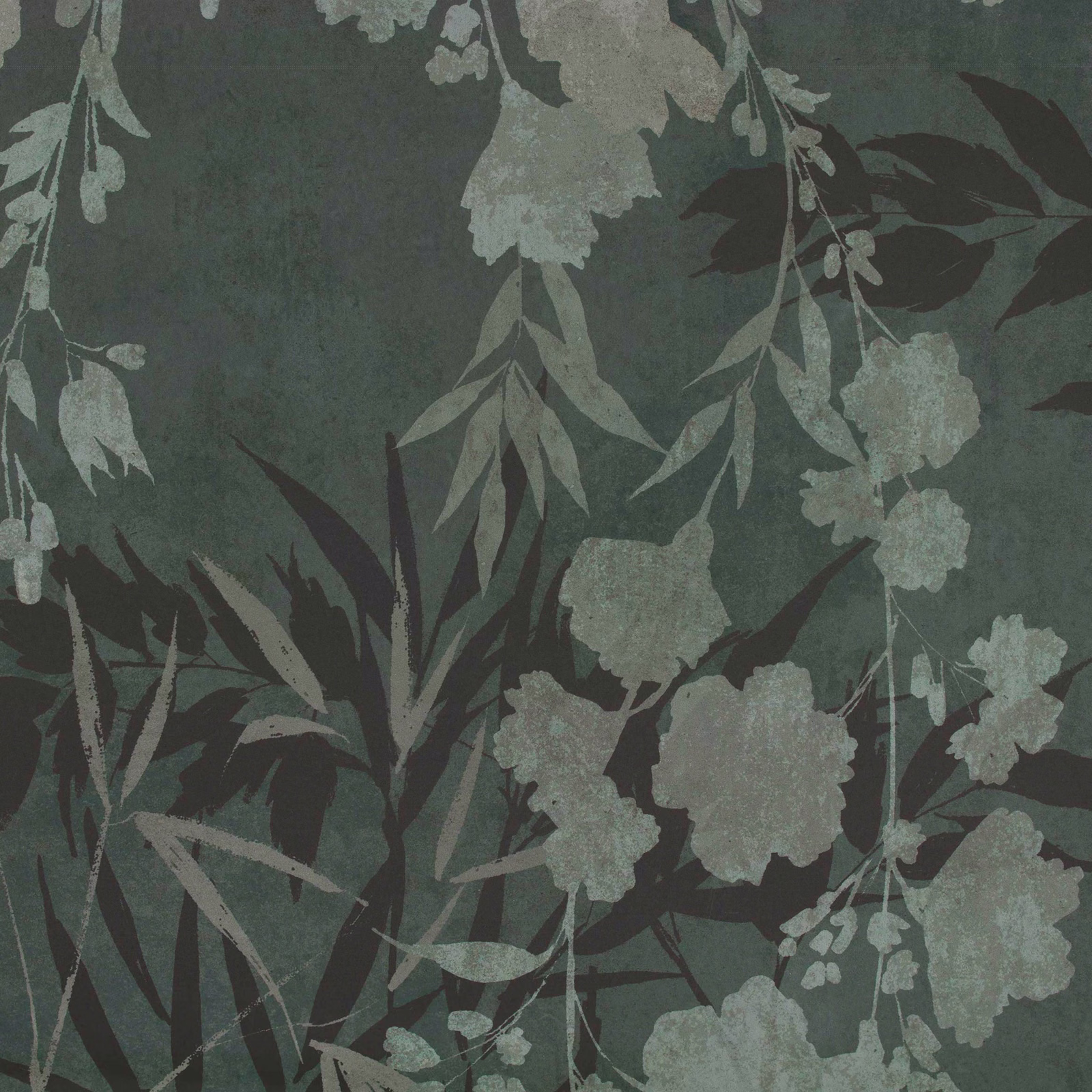 Deep hunter green wallpaper with muted sage flowers and shadowy botanical branches