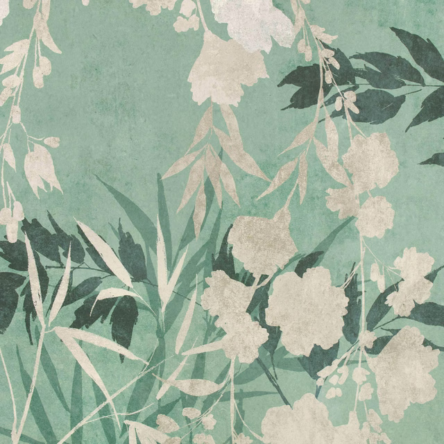 Muted jade-green wallpaper with cream blossoms and deep blue-green leafy botanical branches.