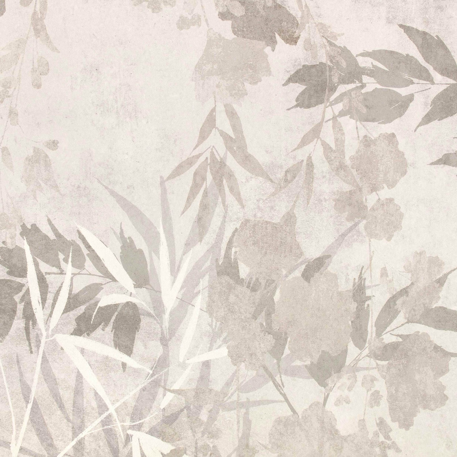 Pale greige botanical wallpaper with washed leaves and soft floral silhouettes