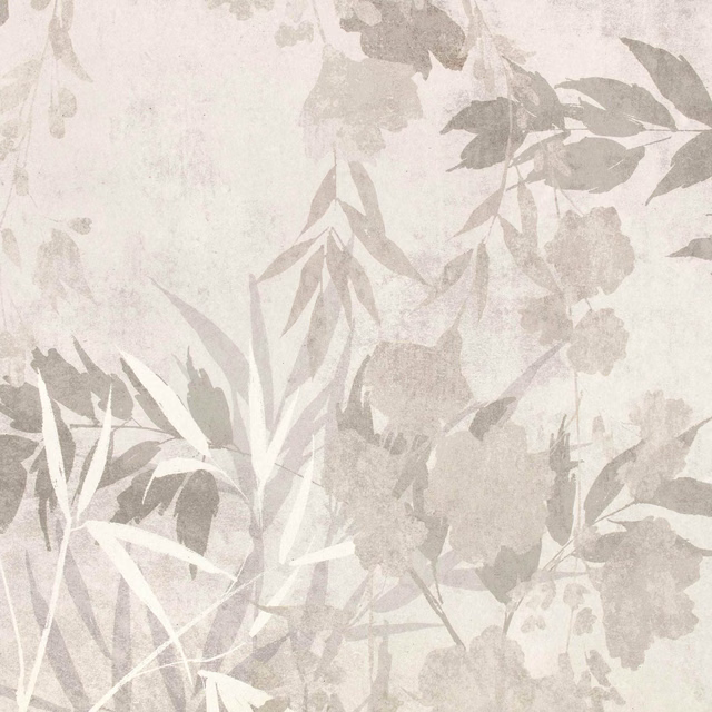 Pale greige botanical wallpaper with washed leaves and soft floral silhouettes