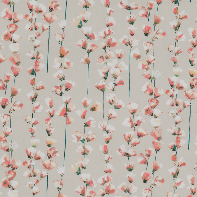Blush and coral floral sprays on a pale grey-green fabric ground