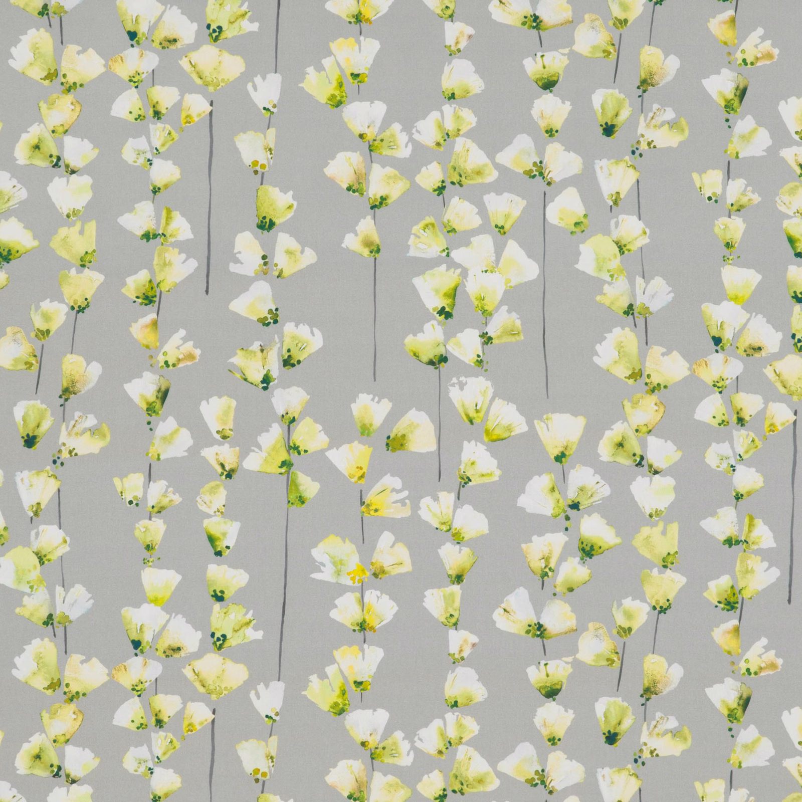 Soft grey fabric with scattered white, pale yellow and chartreuse hanging flowers