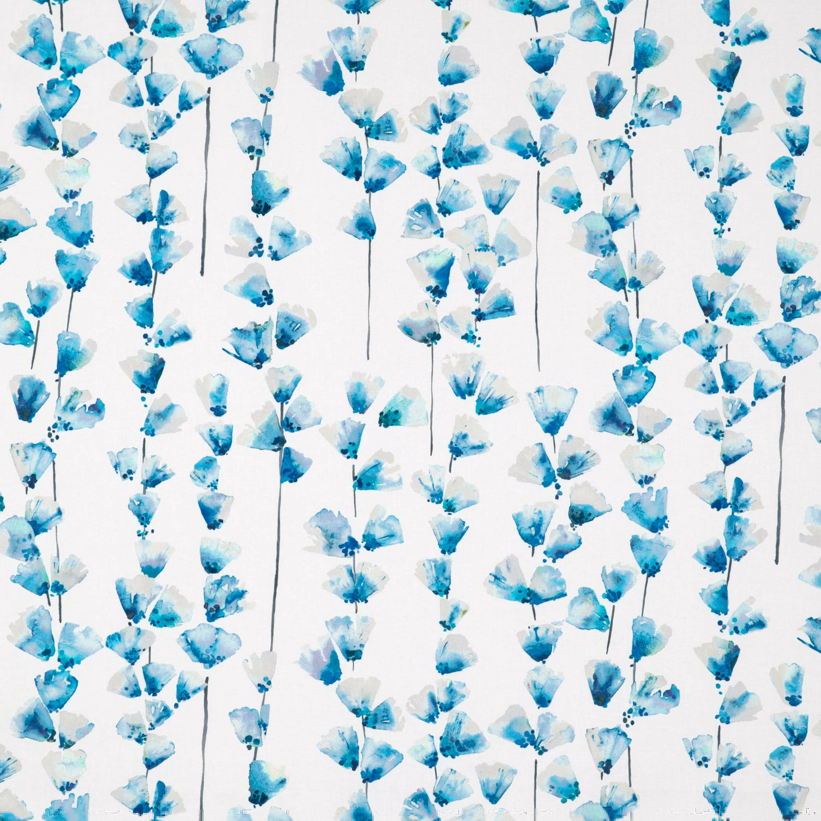 Blue watercolour flower stems scattered across a soft white ground