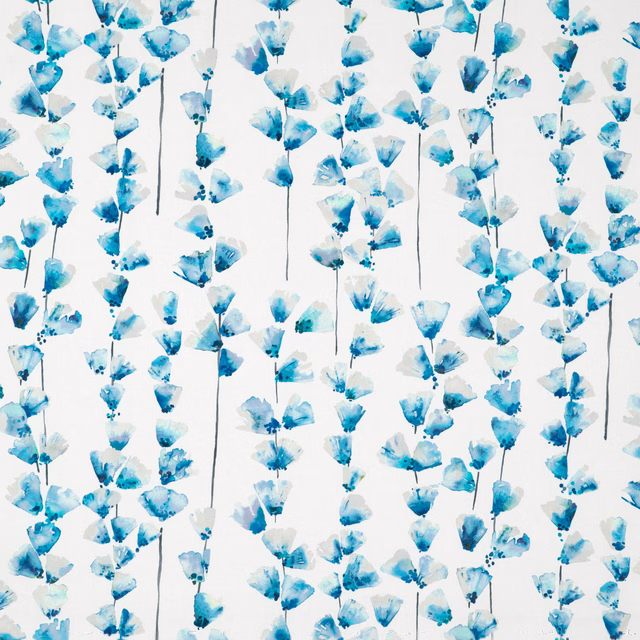 Blue watercolour flower stems scattered across a soft white ground