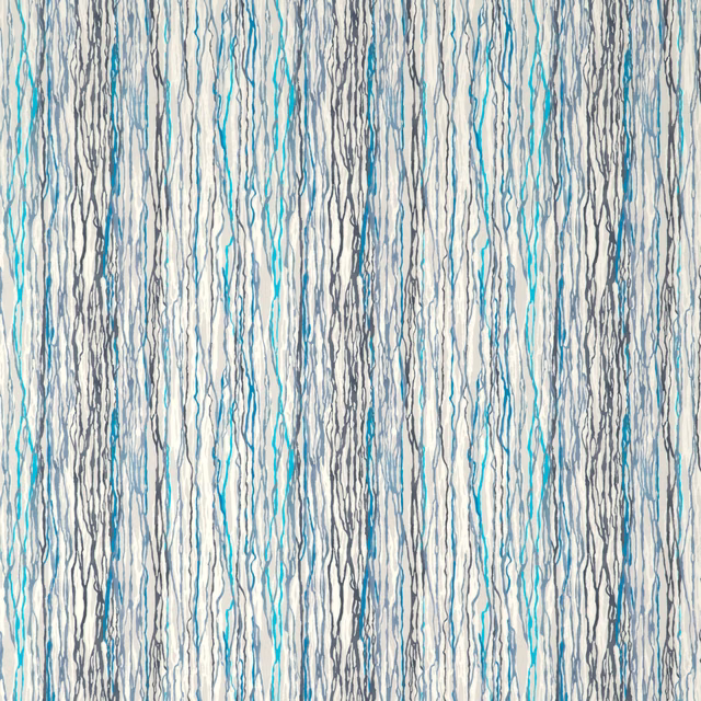Ivory textile with irregular vertical aqua, turquoise, blue-grey and charcoal striations