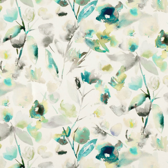 Cream-ground floral watercolour with jade petals, teal blooms and soft grey foliage