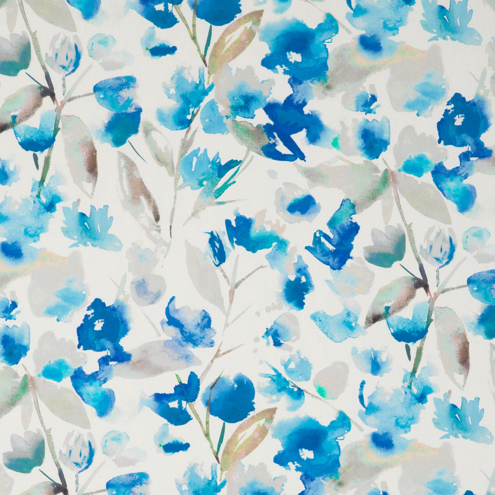 Cobalt and turquoise watercolour flowers with taupe leaves on an ivory ground