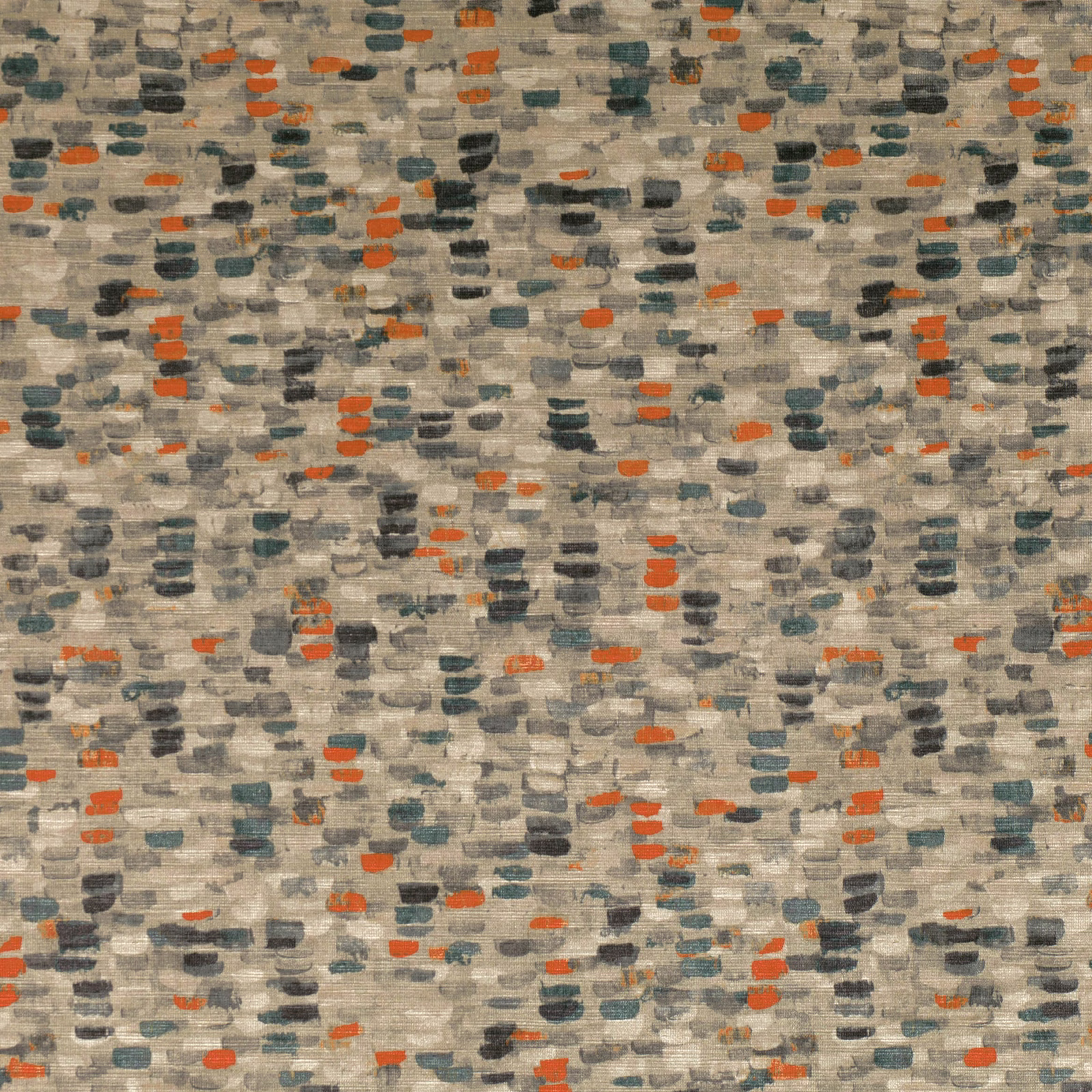 Warm stone woven textile with charcoal, teal and clementine-orange horizontal flecks