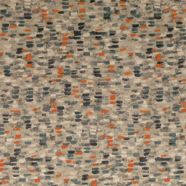 Warm stone woven textile with charcoal, teal and clementine-orange horizontal flecks