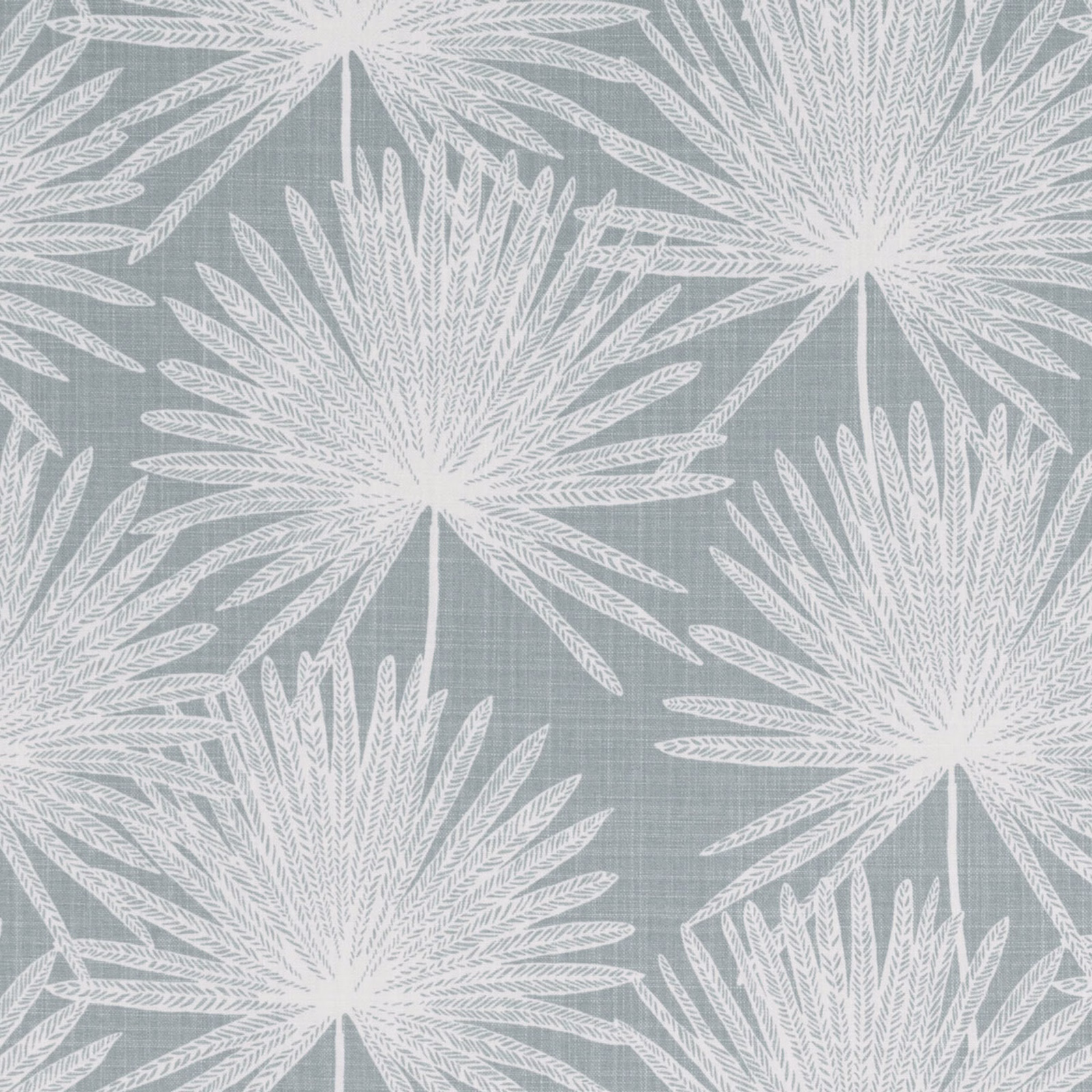 Soft blue-grey fabric with oversized white fan-shaped botanical motifs and fine weave