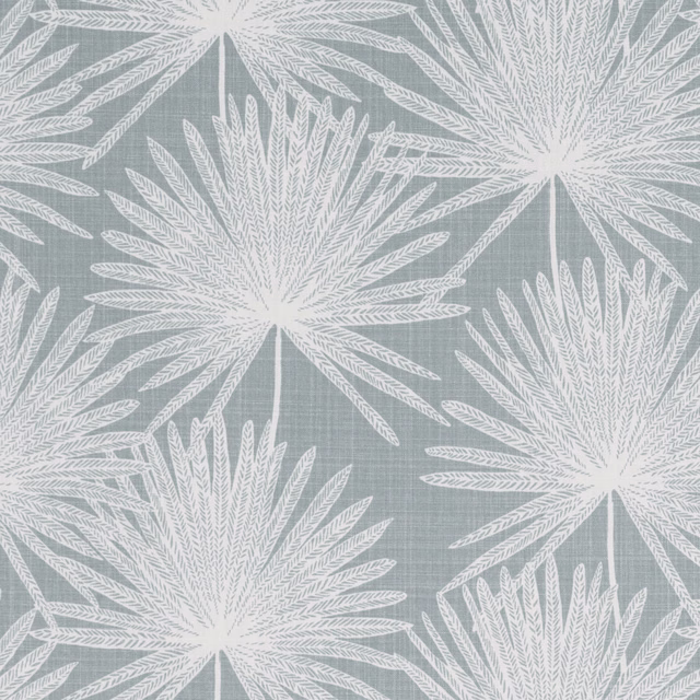 Soft blue-grey fabric with oversized white fan-shaped botanical motifs and fine weave