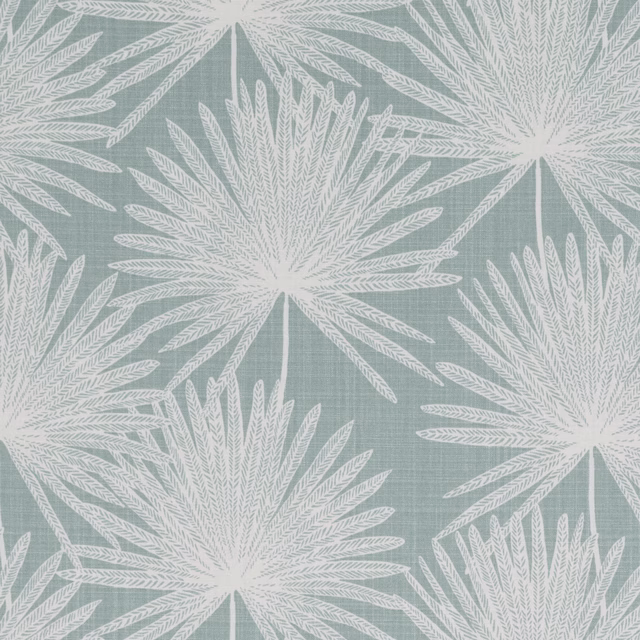 Muted duck egg blue fabric with oversized white radiating botanical leaf motifs