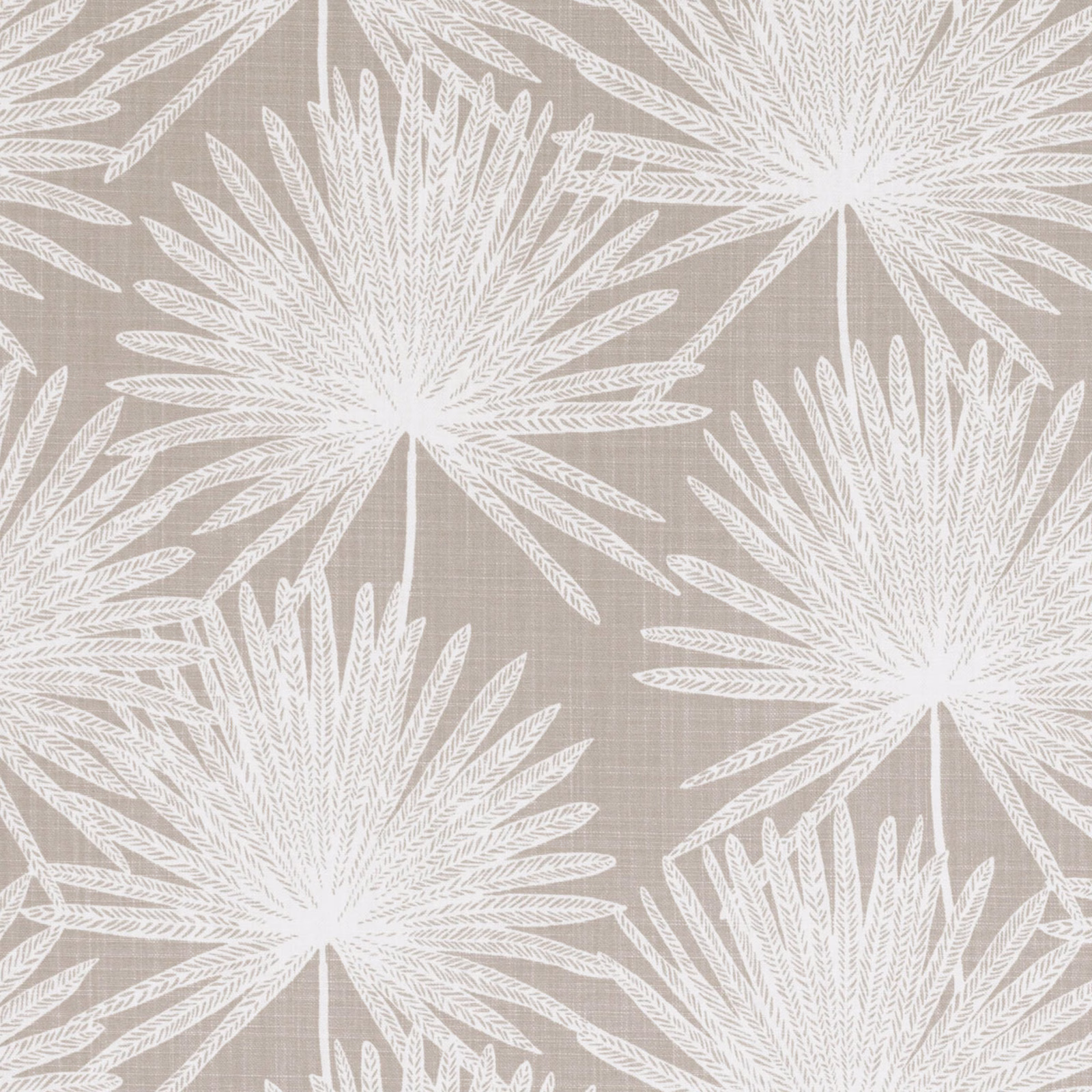 Warm mushroom taupe fabric with oversized white radiating botanical leaf motifs and woven texture