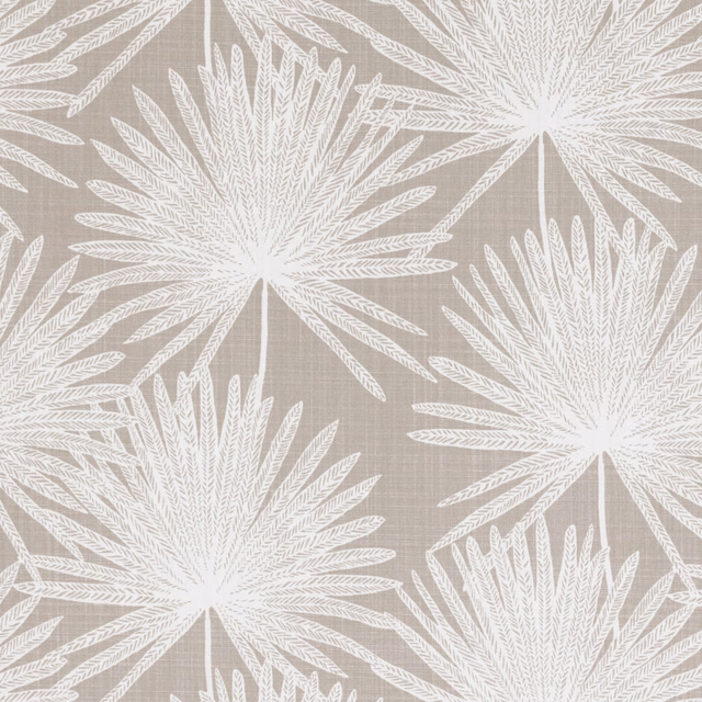 Warm mushroom taupe fabric with oversized white radiating botanical leaf motifs and woven texture