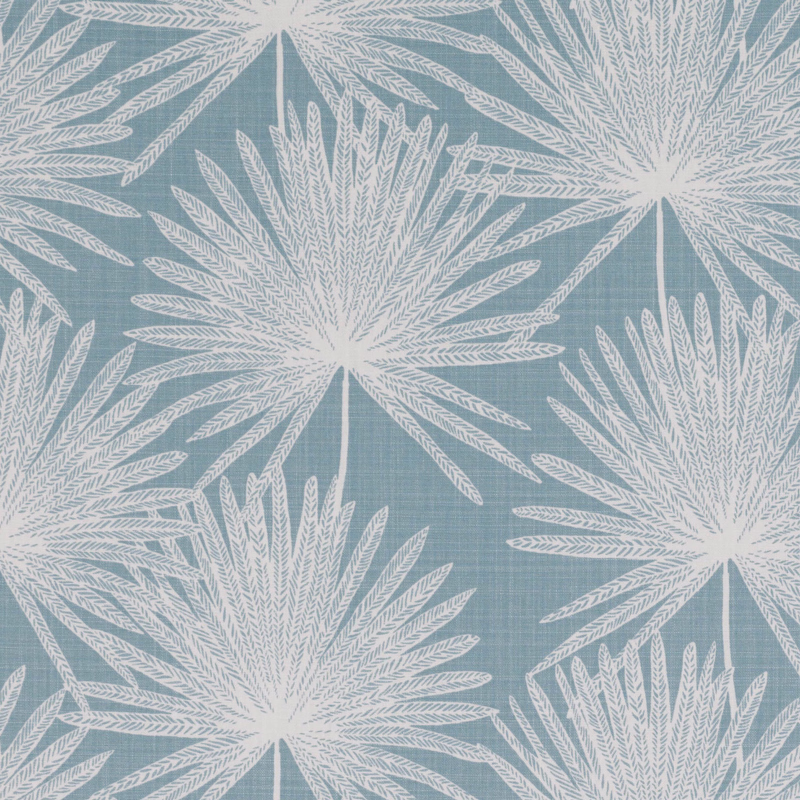 Muted smoke-blue woven fabric with oversized white radiating leaf motifs