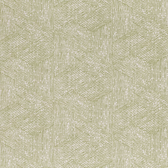 Muted lovage olive fabric with ivory angular cube motif and fine linear texture