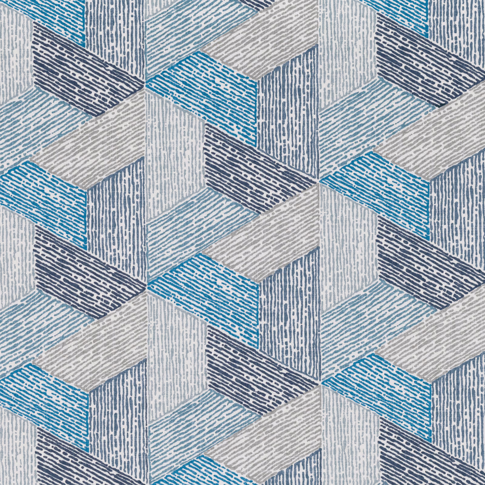 Pacific blue, navy, grey and ivory geometric cube fabric with fine linear texture