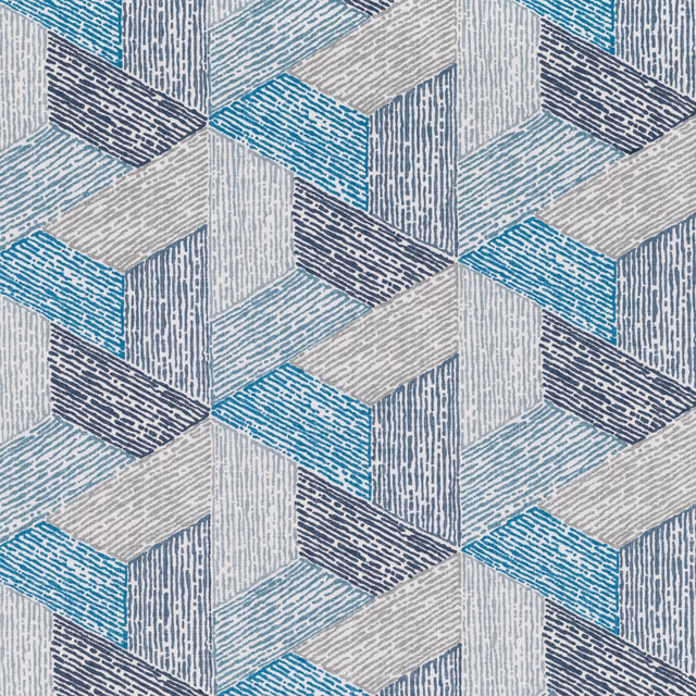 Pacific blue, navy, grey and ivory geometric cube fabric with fine linear texture
