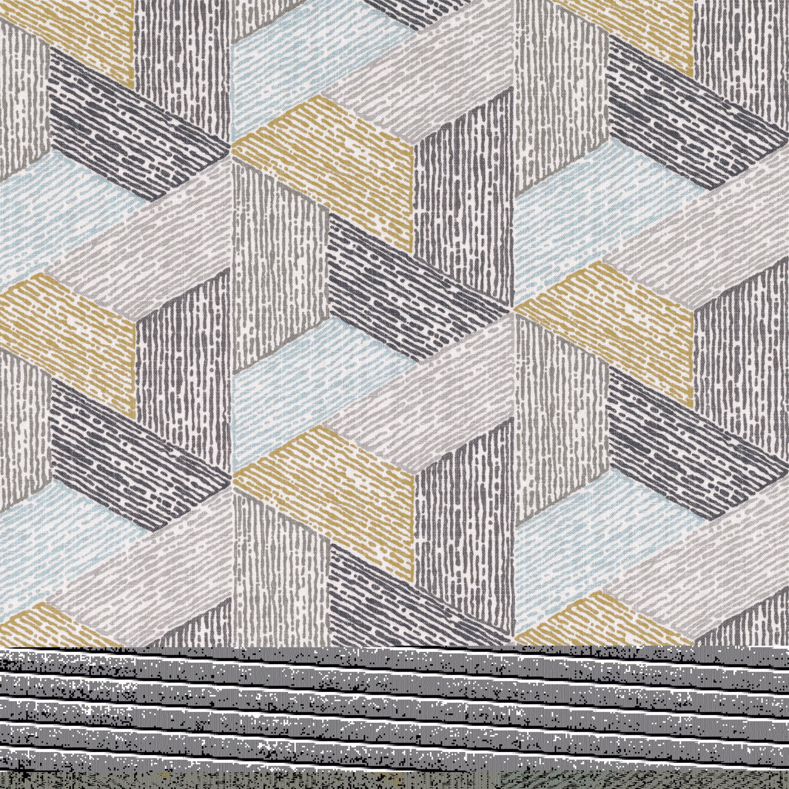 Teak-gold, pale blue, grey and charcoal cube motif with fine linear texture