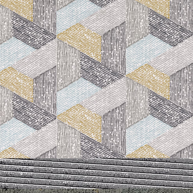 Teak-gold, pale blue, grey and charcoal cube motif with fine linear texture