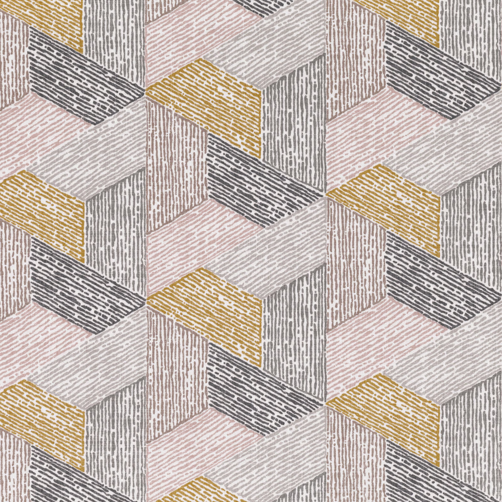 Blush, ochre, charcoal and ivory cube motifs with fine linear texture