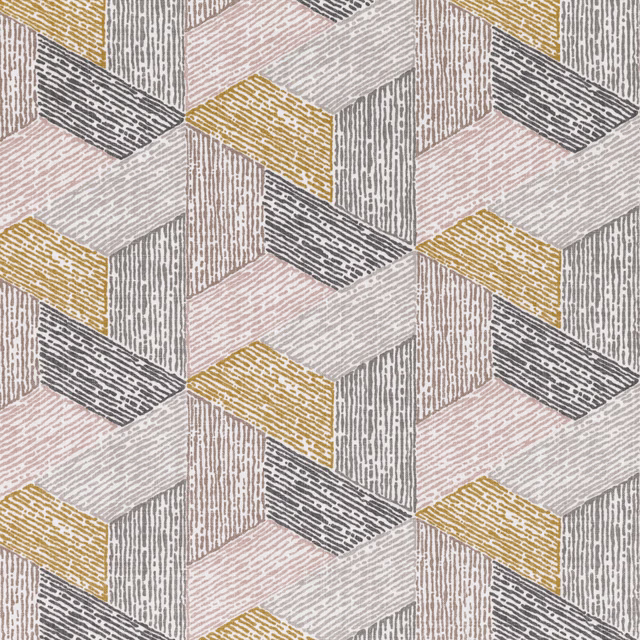 Blush, ochre, charcoal and ivory cube motifs with fine linear texture