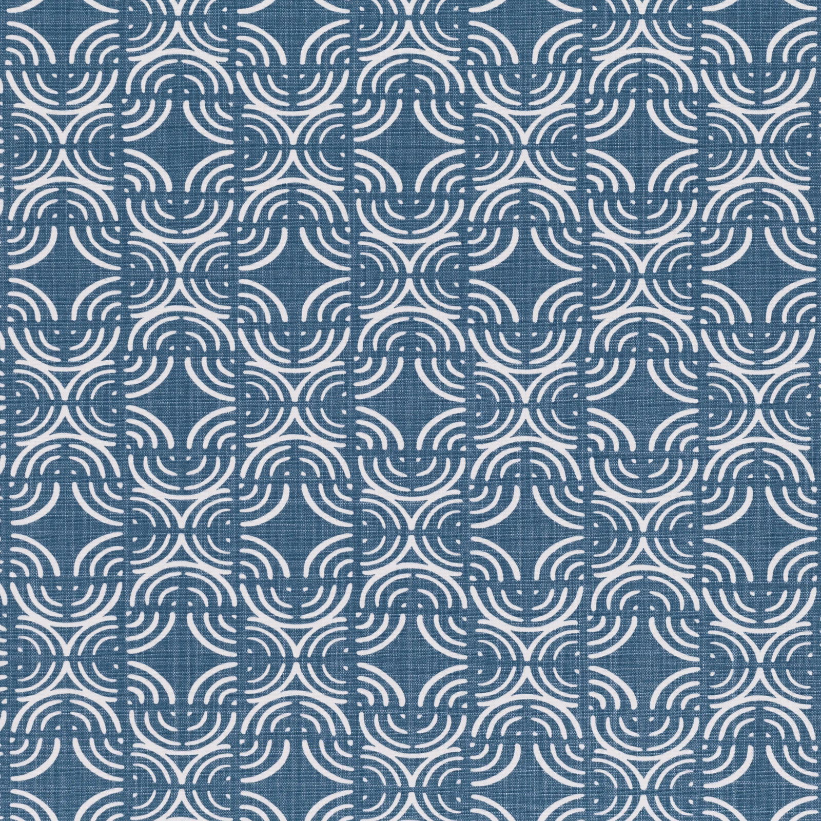 Muted blue woven ground with repeating ivory curved geometric loops