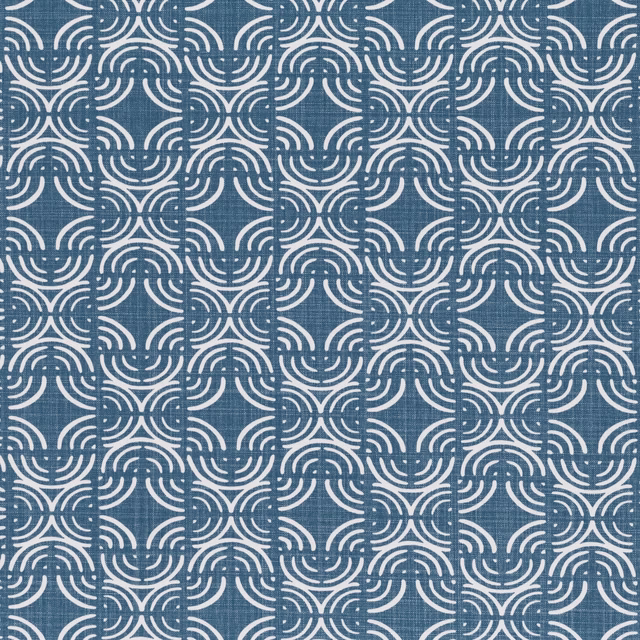 Muted blue woven ground with repeating ivory curved geometric loops
