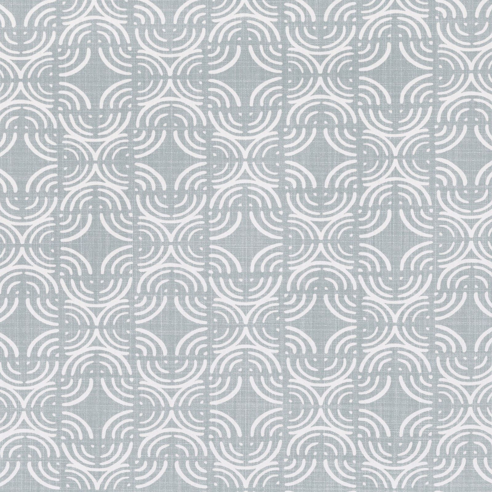 Cool blue-grey woven fabric with ivory interlocking curved geometric motifs
