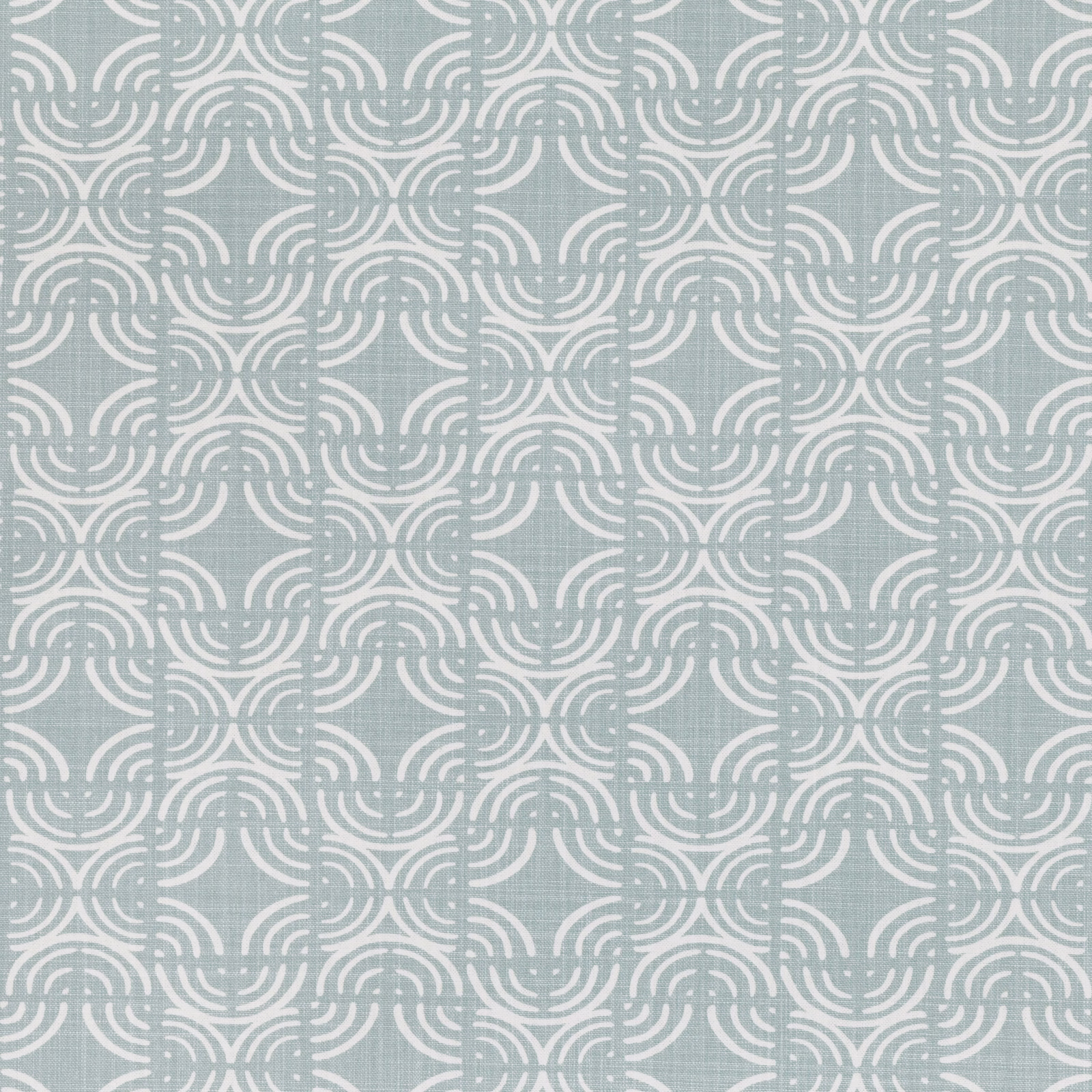 Cool duck egg blue textile with ivory looping fan motifs and fine texture