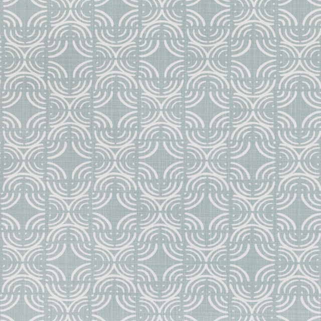 Cool duck egg blue textile with ivory looping fan motifs and fine texture