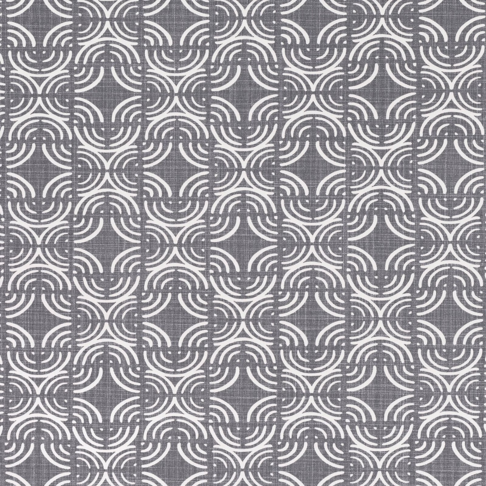 Cool gunmetal grey fabric with repeating white interlocking curved motifs and fine texture