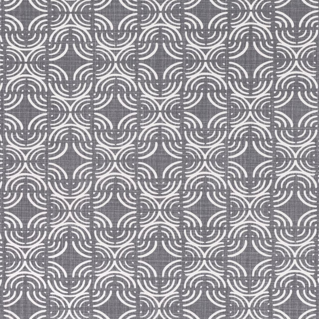 Cool gunmetal grey fabric with repeating white interlocking curved motifs and fine texture