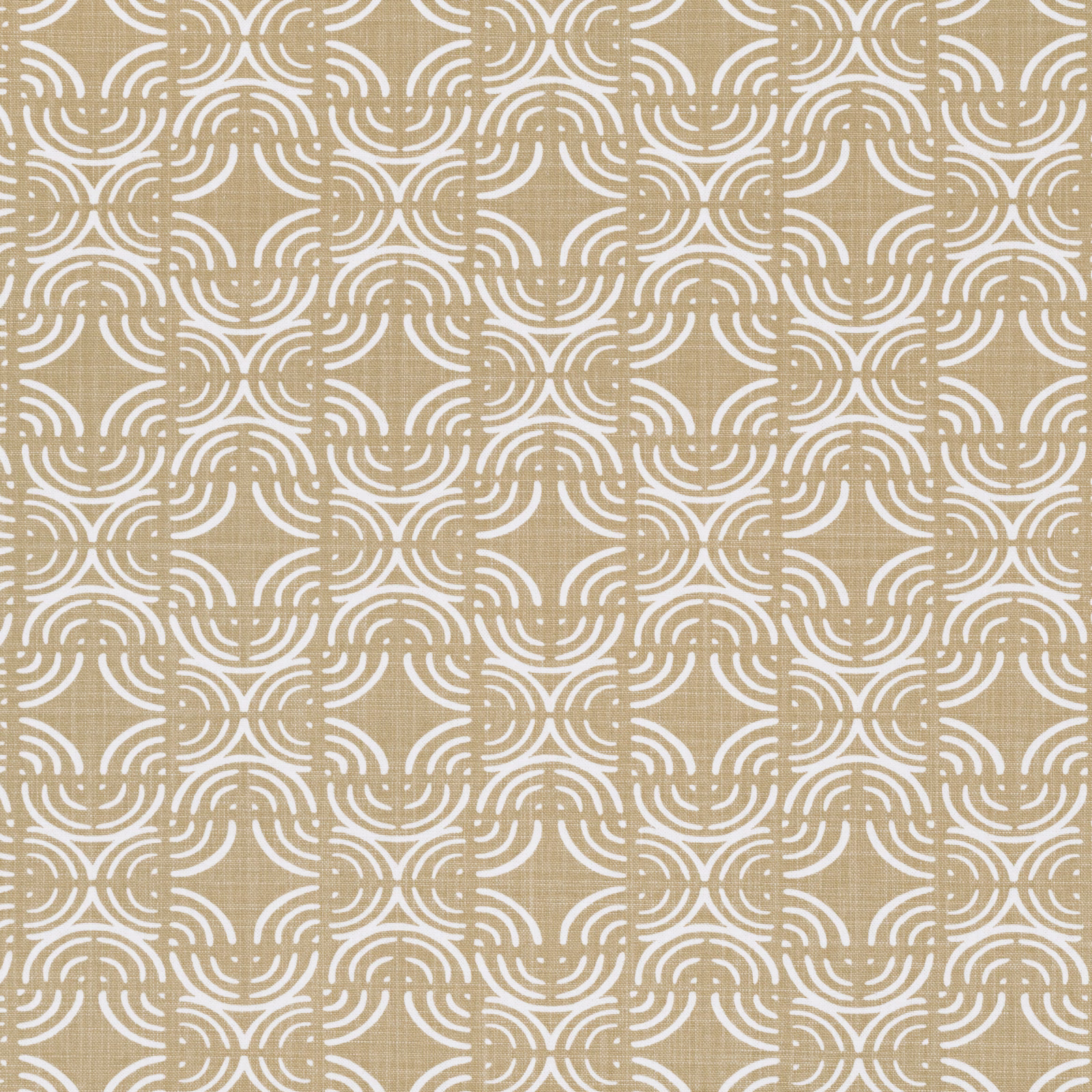 Warm teak beige fabric with repeating ivory curved geometric motifs and subtle texture