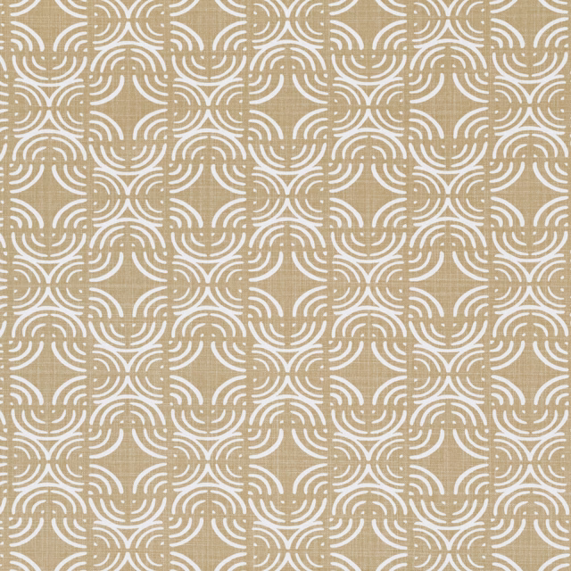 Warm teak beige fabric with repeating ivory curved geometric motifs and subtle texture