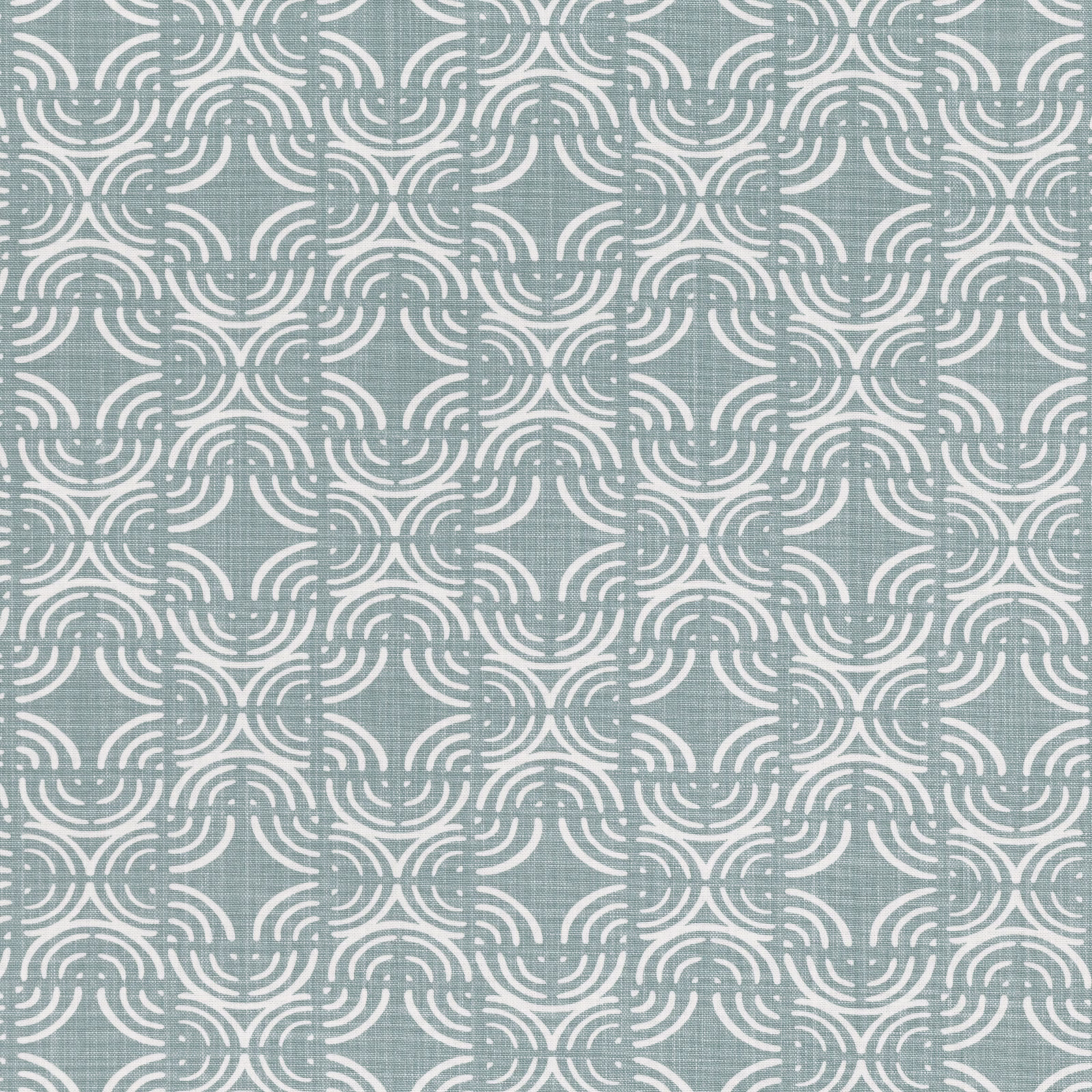 Muted blue-grey textile with cream interlocking curved motifs and softly textured surface